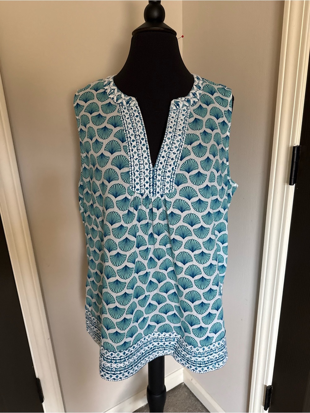 Sigrid Olsen Teal & White Printed Embroidered Neckline Camisole
